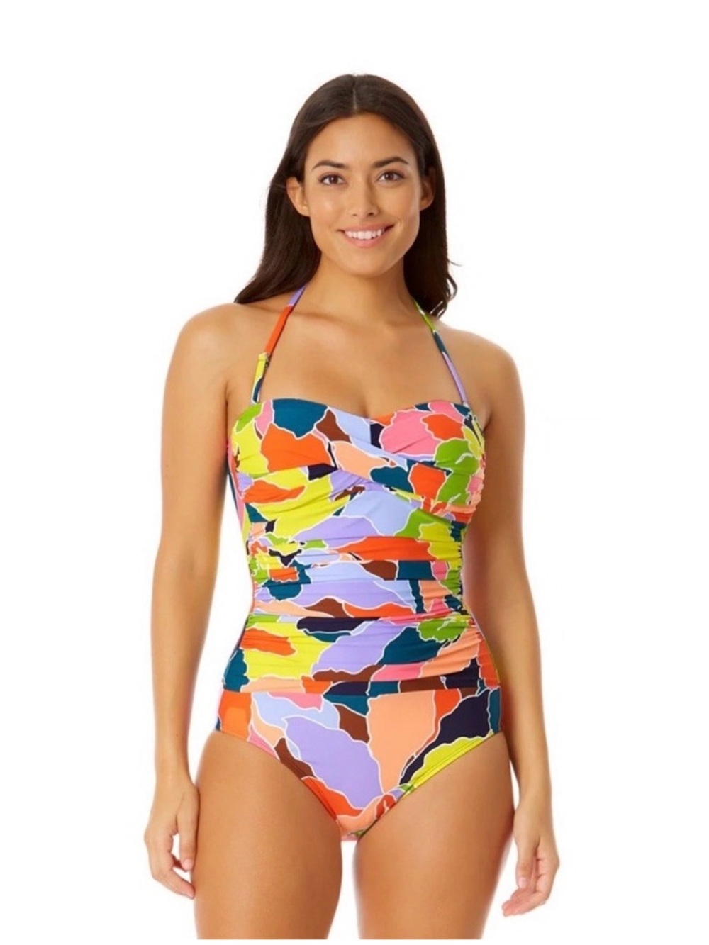 Anne Cole Twist Front Shirred Colorful One-Piece Strapless Swimsuit - Sz 12